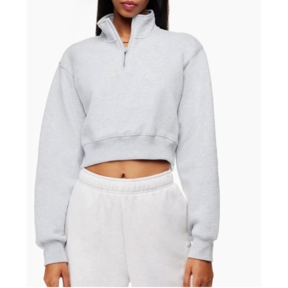 Aritzia TNA Cozy Fleece Perfect Quarter Zip Sweatshirt Heather Grey XS Crop